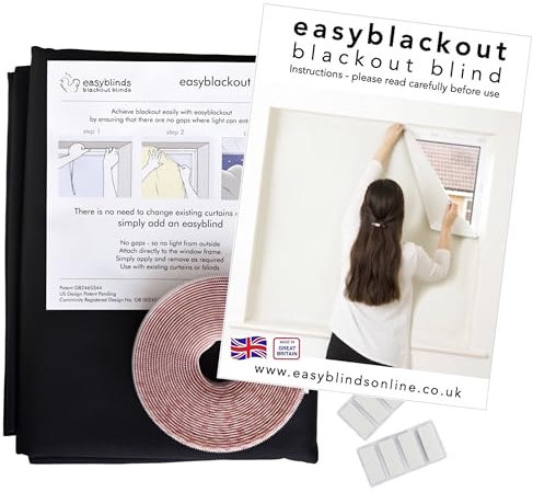 Easyblinds easyblackout Blackout Blind, Any Shape/Size Up To 270 x 135cm, BLACK (others available), Self-Adhesive Attachments, Patented Design For Full Blackout, Easy To Use, Temporary Or Permanent
