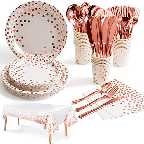 Nkaiso 141pcs Rose Or Party Vaisselle,Kit Vaisselles Anniversaire Assiette Dîner Papier Tasse Serviette Vaisselle réutilisable, Enfants Party Fête Mariages Baby Shower Noël, 20 invités