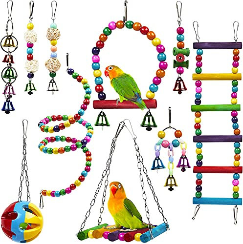 Vogelspielzeug für Papageien, 10 Stück Schaukel, Kauspielzeug, bunt, hängende Glocke, geeignet für Papageien Wellensittiche Finken Sittiche Aras & Nymphensittiche