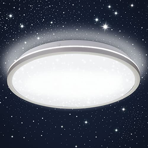 B.K.Licht - LED Deckenlampe mit Sternenhimmel, indirektes Licht, neutralweiße Lichtfarbe, LED Deckenleuchte, LED Lampe, Wohnzimmerlampe, Schlafzimmerlampe, Küchenlampe, 28x4,2 cm, Silberfarbig