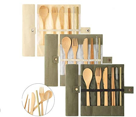 Set de couverts en bambou (vert),Couverts de voyage,Couverts écologiques,Couteau, fourchette, cuillère, baguettes et paille,Couverts en bois,Couverts pour les déplacements avec sac écologique