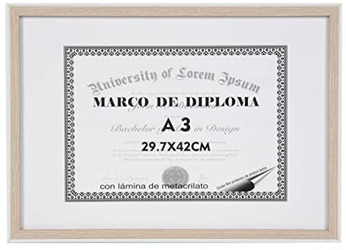 Marco de Diploma A3 Decoración 29,7 x 42CM con lámina de metacrilato (Madera Blanca)