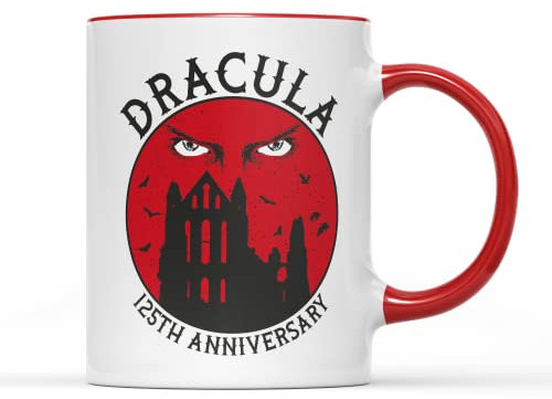 Dracula Death Stare Mug Tea Coffee Cup - Bram Stoker 125th Anniversary Gothic Horror Novel Fiction Goth Vampire Transylvania Whitby Gift Present (Red Handle)