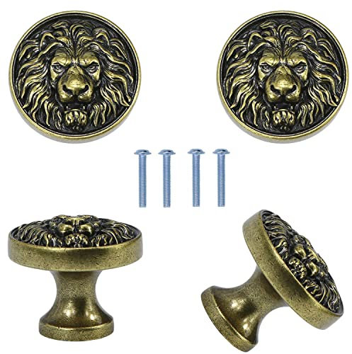 Cabinet Knobs Antique Lion Head Drawer Pulls Gold Animal Knobs Dresser Drawer Knobs and Pulls Single Hole for Kitchen Cupboard Handles 4 Pcs (Green Bronze)