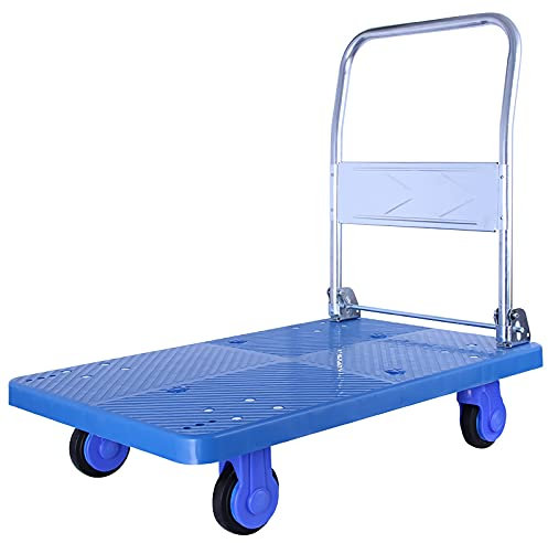 Platform Truck Push Cart Plattform-LKW-Push-Cart mit klappbarem Metall-Griff und Kunststoff-Panel tragbarer 4-Räder-Trolley for Lagerfabrik-Transport Dolly Cart/Hand Truck (Size : Small-330lb)