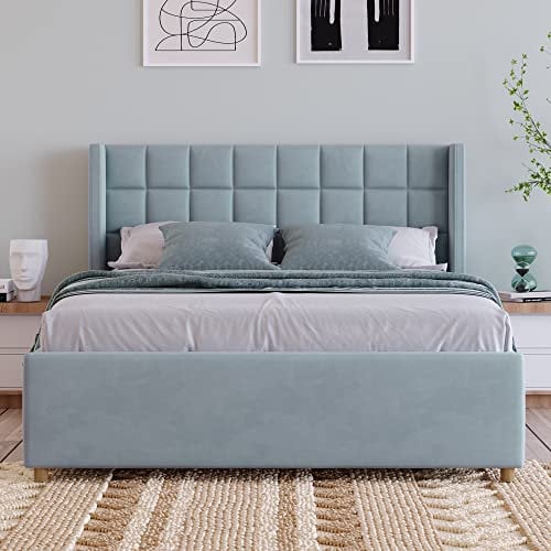 Doppelbett, Polsterbett Mit Hydraulikstange, Hydraulische Betten Mit Parallelhub, Betthauptform Mit Ohren, Quadratische Form, Stauraum Unter Dem Bett, Holländischer Samt (Blau-Grau, 140x200cm)