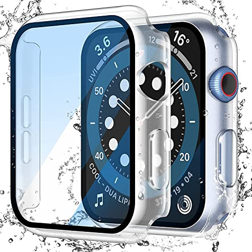 Piuellia Wasserdichte Schutzhülle für Apple Watch SE3 SE2 SE Serie 6/5/4, 40 mm | 2 Pack Transparente harte Schutzhülle, Hartglas Displayschutzfolie für SE 3/SE 2/SE/Series6/5/4, ultradünn stoßfest