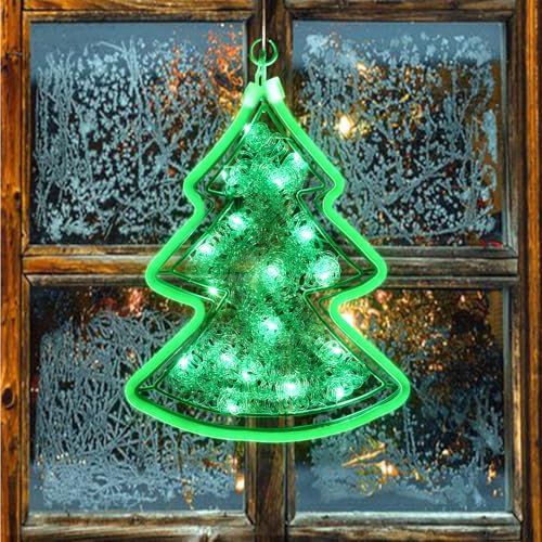 CMYK Weihnachtsbeleuchtung Fenster Innen 18 LED mit Neonlichtstreifen,Wasserdicht Fensterbeleuchtung Weihnachten mit Batteriebetriebene, Timer,Motiv Weihnachtsbaum,Weihnachtsdeko Fenster Beleuchtet