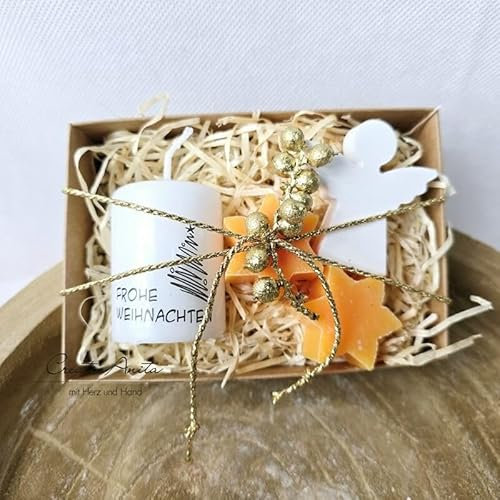 Geschenk zu Weihnachten - Weihnachtskerze mit Seifensterne Orange und kleinem Schutzengel