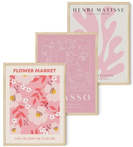 Djmwtb Leinwand-Kunstdrucke, 3-teilig, Pink Beige, Picasso Matisse, modern, minimalistisch, abstrakt, Wanddekoration, Gemälde, Blumenmarkt, Poster, Bild für Schlafzimmer, Wohnzimmer, Büro, Galerie,