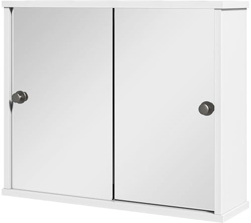 kleankin Armario con Espejo de Baño Mueble Colgante para Baño con Estante Ajustable y Puerta Corredera Doble para Dormitorio 55x15x45 cm Blanco Brillante