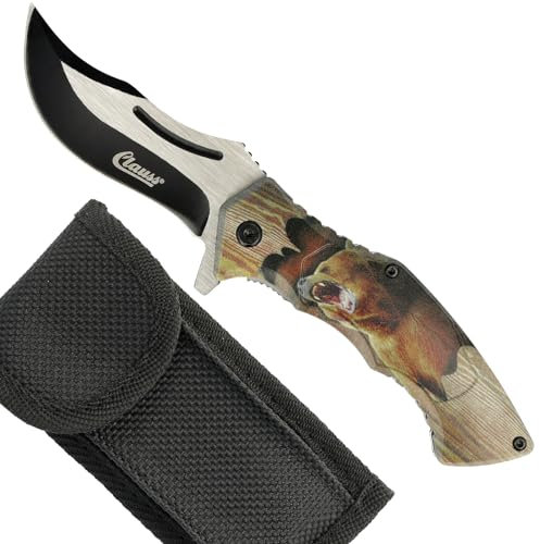 Clauss Klappmesser mit Tiermotiv Bär | Einhand Taschenmesser in Holzoptik mit Finger-Flipper, Gürtelclip & Gürteltasche | extrem scharfe & robuste Klinge 10007