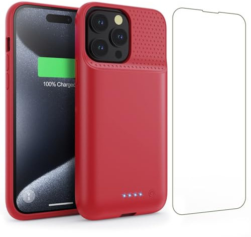 QTshine Battery Case for iPhone 15Pro Max, Upgrade 8600mah Portable Slim Battery Charging Case, 15W Fast Charging Rechargeable Protective Extended Charger Cover for iPhone 15 Pro Max (6.7 inch)-Red