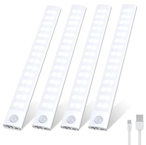 HighLuc Unterbauleuchte Küche LED, 60LED 3000mAh Schrankbeleuchtung mit Bewegungsmelder USB-C Aufladbar Dimmbar Schranklicht Schrankleuchte Kabellos für Küche, Schlafzimmer, Babyzimmer - 4 Stück