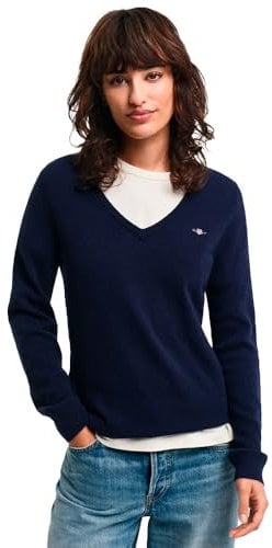 GANT Women's Extra fine Lambswool V-Neck Sweater, Evening Blue, S