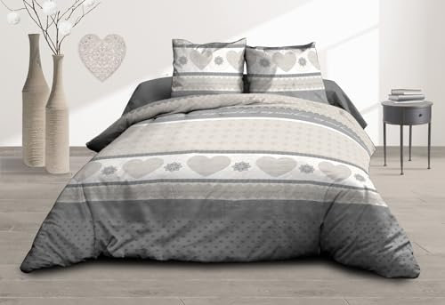 Le linge de Jules Bettbezug 220 x 240 cm + 2 Kopfkissenbezüge – Reine Baumwolle 57 Fäden – Herzen grau