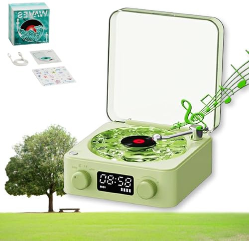 The Waves Vinyl Player,2024 New Vinyl Record Player Waves,Vintage Vinyl Record Player Bluetooth speaker,Bluetooth Speaker with Ambient Light,Improve Sleep Quality (Green)