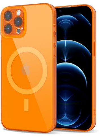 Svanove for iPhone 12 Pro Max Case Clear Compatible with Magsafe, Fluorescent Transparent Magnetic Magnet Mag Case, Slim Thin Bright Silicone Grip & Shockproof Bumper Camera Cover, Neon Orange