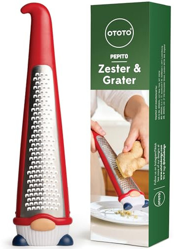 OTOTO Grattugia in acciaio inossidabile, senza BPA, lavabile in lavastoviglie, divertente gadget da cucina, trituratore di verdure, simpatico regalo e accessori da cucina (Pepito Gnomo, rosso)