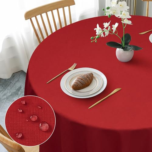 AooHome Tischdecke Rund 140cm, Rot Leinen-Optik Tischdecken Abwaschbar Tischtuch aus Polyester Wasserabweisend mit Lotuseffekt, Dauerhaft Kratzfest für Wohnzimmer, Esszimmer, Balkon, Garten