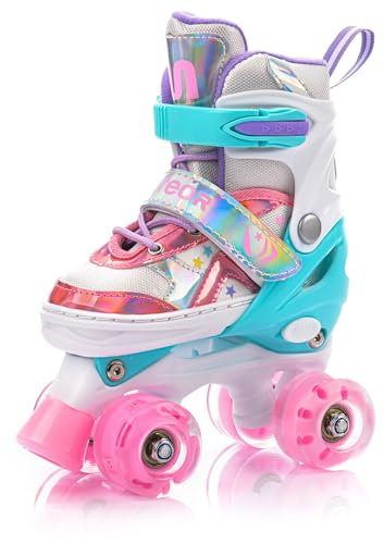 meteor Kinder Rollschuhe mit LED-Lichtern und Verstellbarer Größe – Retro Roll-Skates für Jugendliche – Mehrfarbige Disco Roll-Schuhe Bunte Retro Quad Skates - Roll ab!