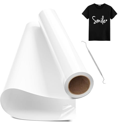 Hengrongshen Rouleau Vinyle Thermocollant pour Tissus Blanc, 30,5 CM x 300 CM avec Crochet, pour Cri-cut et Silhouette Cameo
