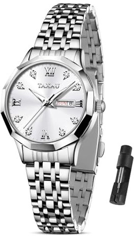 Taxau Damenarmbanduhren Edelstahlband - Damenuhr wasserdichte Damenuhren Elegant Leuchtend Leicht zu Lesen - Uhr Silber Damen