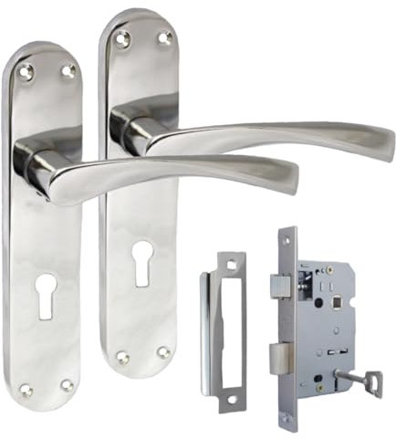 Epsom Door Handle Internal Polished Chrome Twist Door Handle Set and 3 Lever sash Lock, Interior Lock Lever on Long Back Plate, Privacy Lockable Handle for Bathroom, Bedroom, Front Door.