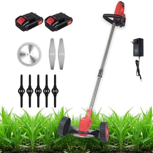 Electric Weed Wacker Cordless Eater, Battery Powered No String Weed Trimmer with 2 Battery Operated & 3 Types Blade & Wheels, Lightweight Grass Trimmer for Garden Yard