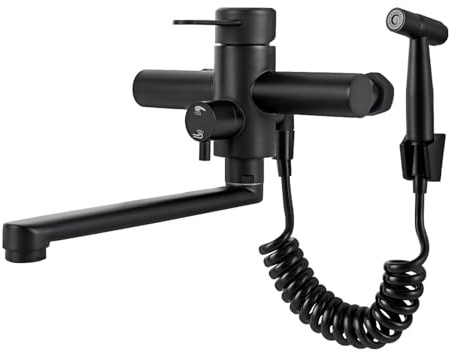 Wandmontage Wandarmatur für Küche Edelstahl Wasserhahn mit Spritzpistole 360° drehbar Küchenarmatur Wandmontage Waschbeckenarmatur Einhebelmischer Einstellbarer Wasserauslassmodus (Schwarz)