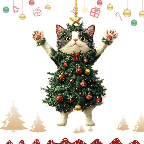 Puntale per albero di Natale per gatti, decorazione natalizia per gatti, puntale per albero di Natale, grazioso angelo bianco con nastri a stella, bacche rosse, squisiti ornamenti natalizi per albero