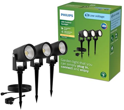 Philips Reuel Spot d’Extérieur 24 V GardenLink Basse Tension, 2700 K, 180 lm, Noir, Kit de Démarrage, Lot de 3, Prise EU