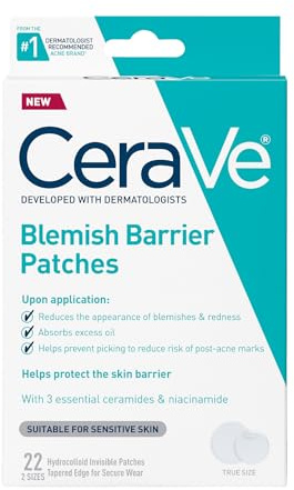CeraVe Hydrocolloid Blemish Patches, Oil Absorbing Spot Control with Ceramides and Niacinamide, Allergy-Tested & Suitable For Sensitive Skin, Ultra-Thin & Blends Into All Skin Tones, 22ct