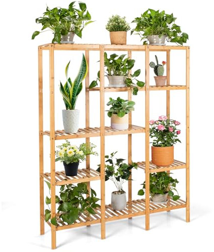 RELAX4LIFE Pflanzenständer, Blumenregal 141 cm hoch, großes Pflanzenregal mit 6 Ebenen, Blumenständer aus Bambus, Blumentreppe für Wohnzimmer, Garten, Balkon, Pflanzentreppe für große Pflanzen, Natur