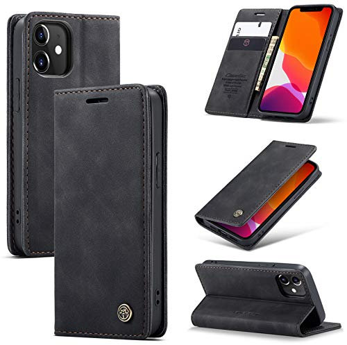 WJXEXRS Handyhülle für iPhone 12 Mini Hülle, Premium Klapphülle Leder Schutzhülle Klappbar mit Kartenfach Ständer Magnet Handytasche Standfunktion Flip Case Lederhülle für iPhone 12 Mini -Schwarz