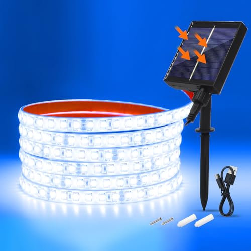 KISUFU 24V Ruban LED Solaire Extérieur, 2835 120 LEDs/m IP68 Étanche Lumineuse Solaires Bandeau LED Light Strip avec 8 Modes 1200W Panneau solaire encastré au sol mural pour Jardin Terrasse Noël.