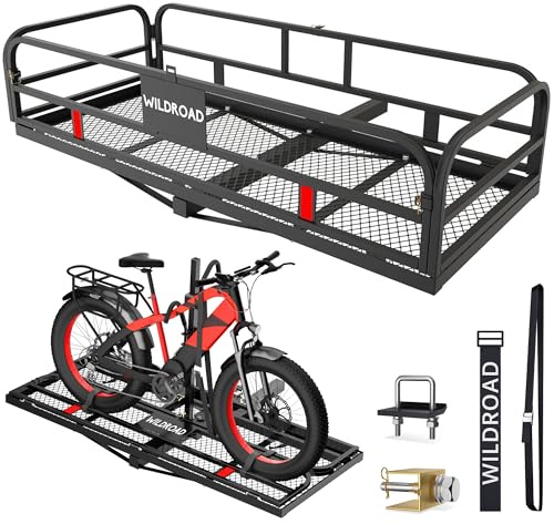 Wildroad Hitch Cargo Carrier with Bike Rack 60 x 24 x 14 Folding Trailer Hitch Cargo Carrier 500 LBS Capacity for Standard, Fat Tire and Electric Bike Fits 2 Receiver 60 Basket+Bike Rack