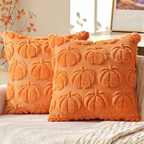 MIULEE 2er Set Kissenbezug Herbst Dekokissen Kissenhülle Sofakissen Wolle Kürbis Couchkissen Kuschelkissen für Halloween Thanksgiving Orange 45x45CM