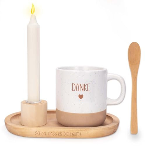 Dankeschön Geschenke Set Geburtstagsgeschenk für Frauen Männer Beinhaltet Holztablett Tasse Kerze Löffel Kerzenständer Personalisierte Geschenke für Mama Hebamme Kollegen Freunde