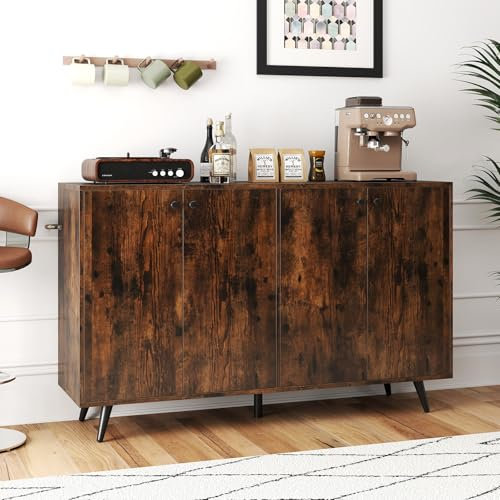 COSTWAY Buffet Bas 4 Portes, Buffet Salon Scandinave avec Étagères Réglables en 5 Positions, Meuble Rangement Bas, 5 Pieds Robustes, Commode 127 cm pour Salon, Salle à Manger (Marron Rustique)