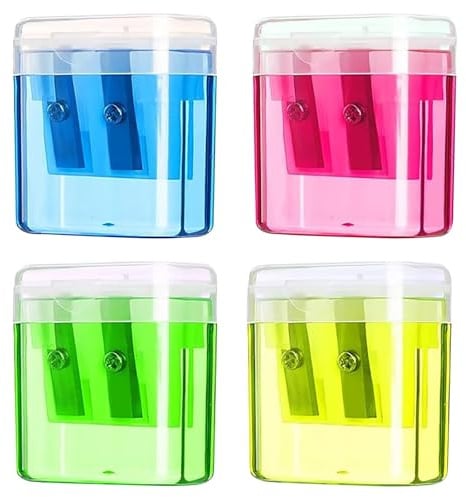 Temperamatite con contenitore, 4 pezzi, temperamatite, doppio foro in plastica, per diversi tipi di matite, scuola, ufficio, bambini, studenti, viaggi