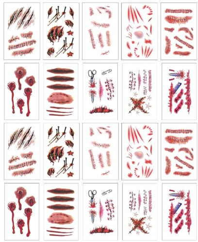 GGUFAY Tatuajes Temporales, 20 Hojas Halloween Zombie Cicatrices Tatuajes Pegatinas con Falso Scab Sangre Especial Fx Costume Maquillaje Props