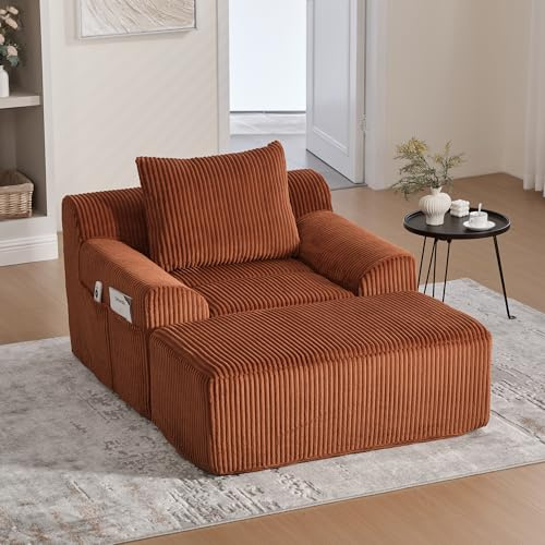 A ALFRESCOOL Boneless Couch, Cloud Couch mit Pedalen Modernes Cord Bodensofa, Lesesessel aus Kordsamt mit Seitentaschen und Kissen, Gepolsterter Sessel, Keine Montage erforderlich Geei（Orange）