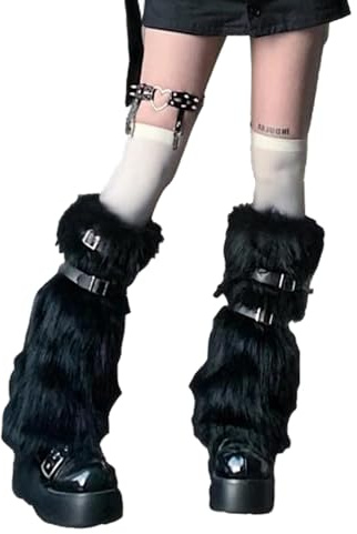 Punk Faux Fur Leg Warmers for Women Fancy Dress Cosplay Fuzzy Leg Gaiters Warm Furry Medieval Viking Costume Boot Shoes Cuff Covers with Buckle Fluffy Leg Sleeves for Halloween Party Dress Up Costume
