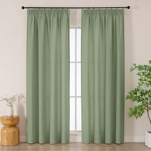 Simplebrand Grün Gardinen mit Kräuselband in Leinenoptik für Schiene, 2er Set H 220 x B 140 cm, halbtransparente Boho-Gardinen für Wohnzimmer & Schlafzimmer mit Schienenhaken
