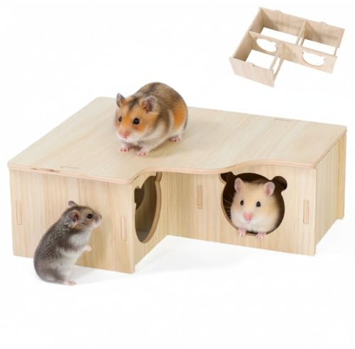 VGECEE Maison en Bois pour Hamster, Maison pour Hamster Niche d'Angle pour Hamsters Maisons pour Cochons d'Inde en Bois avec 3 Chambres Maisonnettes pour Hamsters, Gerbilles, Degus, Souris à Maquereau