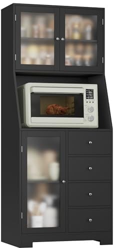 HOCSOK 163cm Küchenschrank mit Verstellbaren Ablage, Buffetschrank Küche | Buffetschrank Küchenbuffet mit 4 Schubladen und 3 Türen , Küchenkommode Vorratsschrank für Wohnzimmer Küche Esszimmer Schwarz