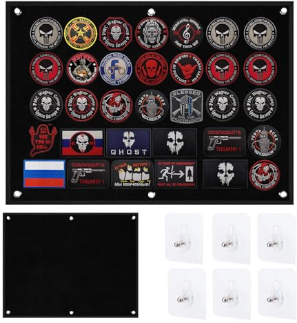 NCCHDZSW 85 × 70 cm Patches Klett Wand mit 6 Stück selbstklebende haken Kletttafel Patches Patch Wand Klett Klettfläche Klettmatte mit Ösen Display Tafel für Abzeichen Aufnäher Aufkleber (Schwarz)