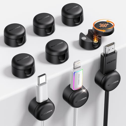 Rocoren Cable Tidy Clips, 9 Pack Magnetic Desk Cable Cord Organiser, USB Charger Cable Holder, Strong Adhesive Wire Management [360° Rotatable] for Nightstand, Kitchen Appliances, Office - Black