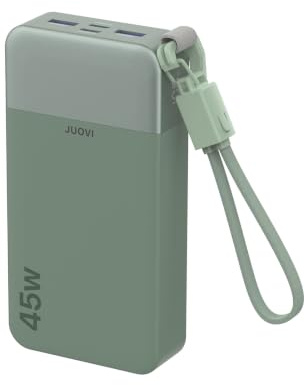 JUOVI Power Bank, Tragbare Powerbank 45W 20000mAh Schnellladefunktion | Angebrachtem USB C Kabel, Akku Pack 2 USB-C und 2 USB-A Port, Externe Handyakkus für Phone 17 16 15 Tablet Galaxy Google
